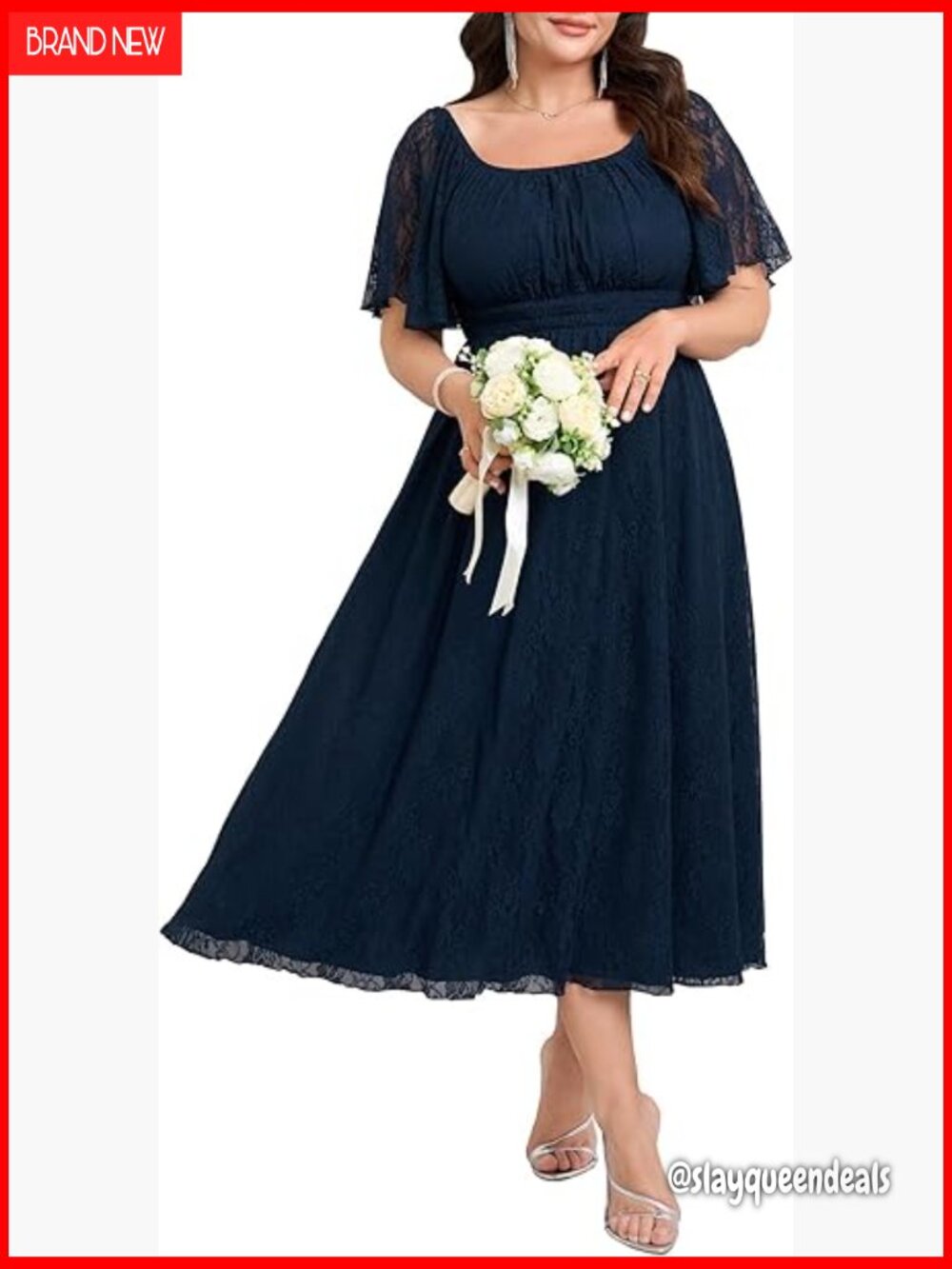 Plus Size Lace Square Neck Short Sleeve Flowy A Line Maxi Formal Dress
